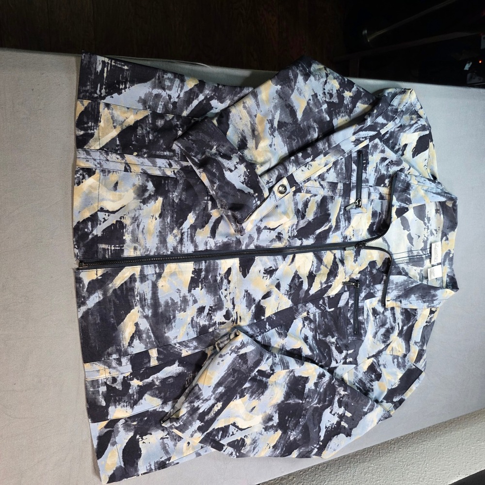 Zenergy by Chico's Abstract Print Full Zip Jacket Blue Grey Yellow Size 2/Large